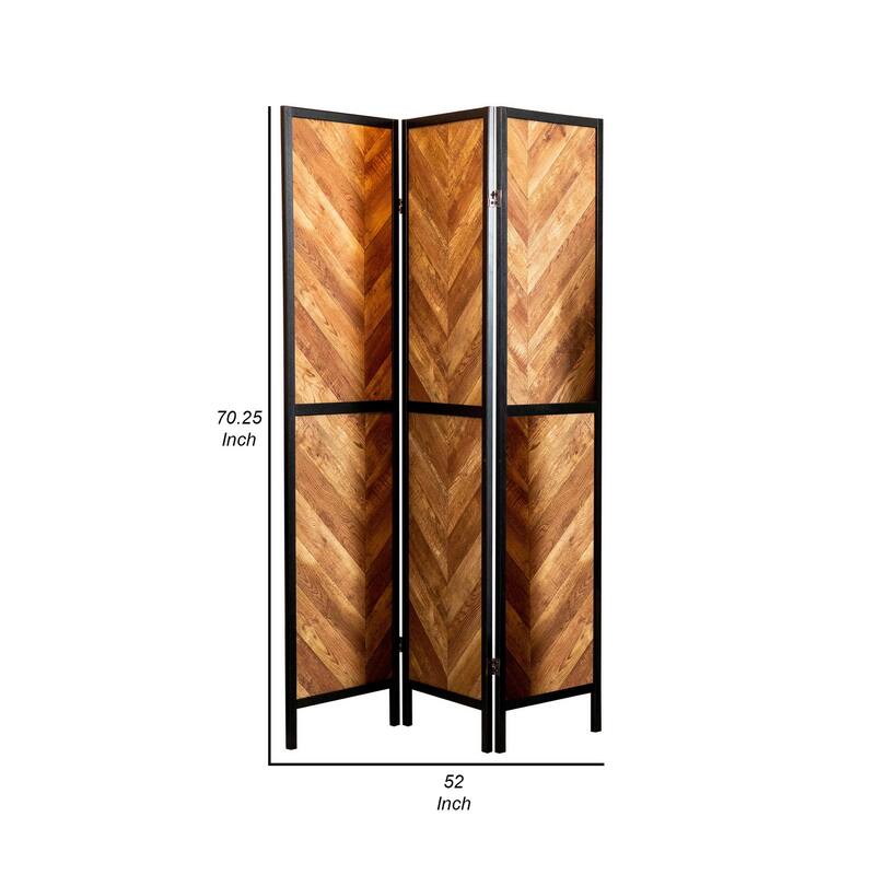 70 Inch Modern 3 Panel Folding Room Divider, Herringbone Pattern, Brown