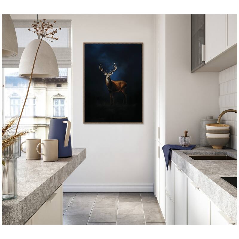 Kate and Laurel Cobalt Night Sky Deer by The Creative Bunch Studio Framed Canvas Wall Art Print