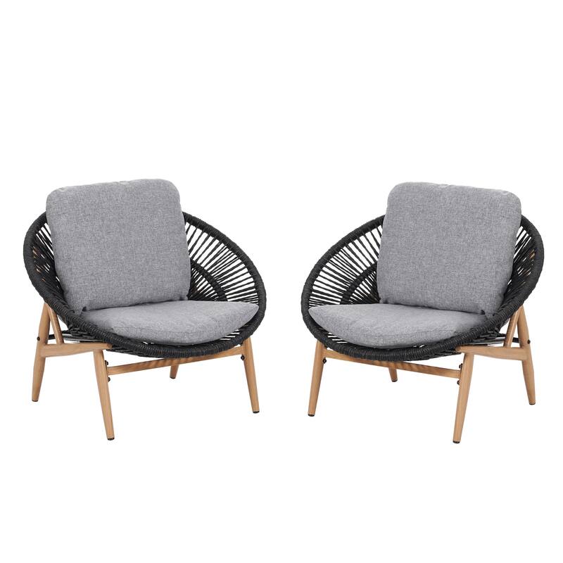 Roomfitters Cyril Outdoor Wicker Papasan Lounge Chair with Teak Finish Legs, Dark Grey and Grey - Set of 2