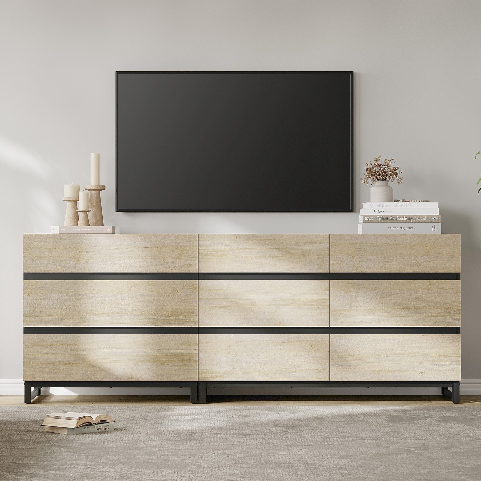 Modern TV Stand for TVs up to 90 inches, 2 in 1 TV Console with 9 Drawers, Media Console for Living Room, Bedroom