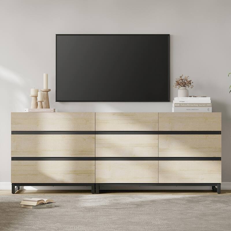 Modern TV Stand for TVs up to 90 inches, 2 in 1 TV Console with 9 Drawers, Media Console for Living Room, Bedroom - 79 inches - light oak