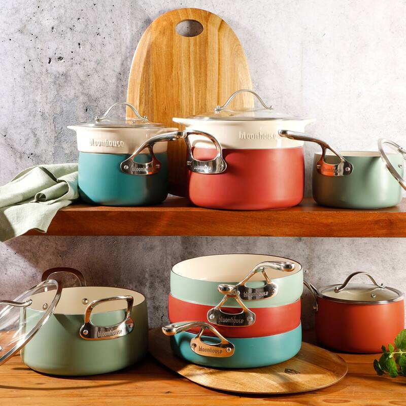 Bloomhouse 12 Piece Aluminum Enamel Cookware Set w/ Non-stick Non-toxic Ceramic Interior and Ceramic Steamer Insert