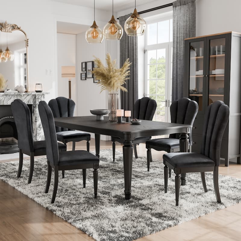 Furniture of America Seabliss Glam 7-Piece Solid Wood Dining Table Set - Black