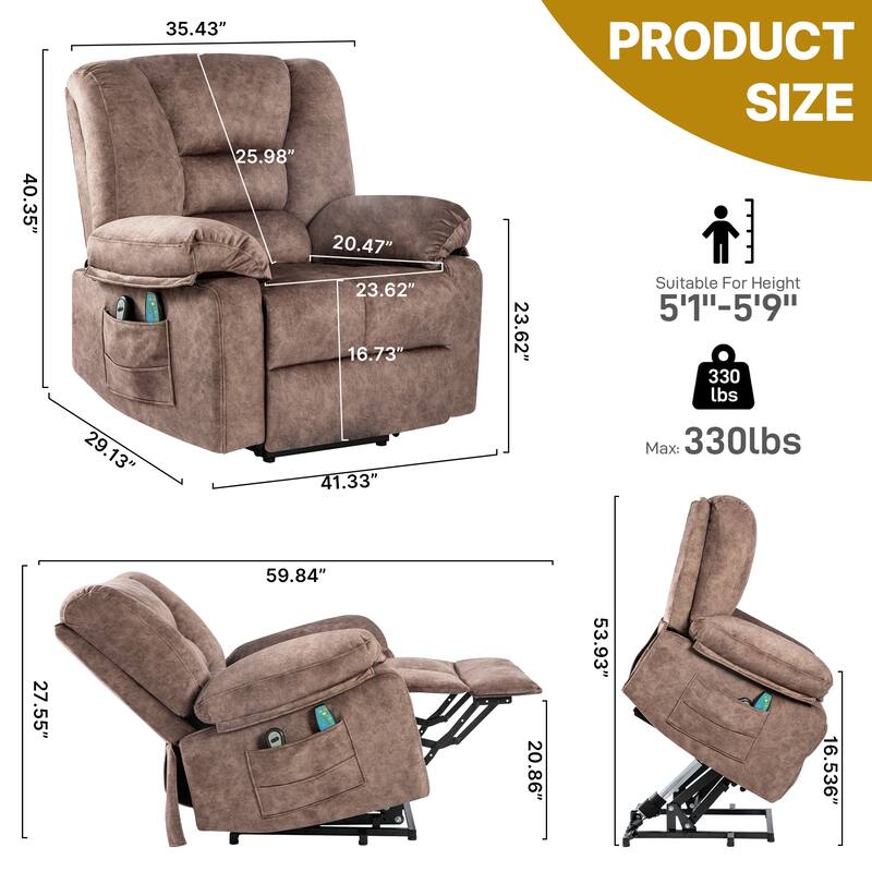 Power Lift Velvet Larger & Wider Recliner Chair Sofa w/Massage & Heat
