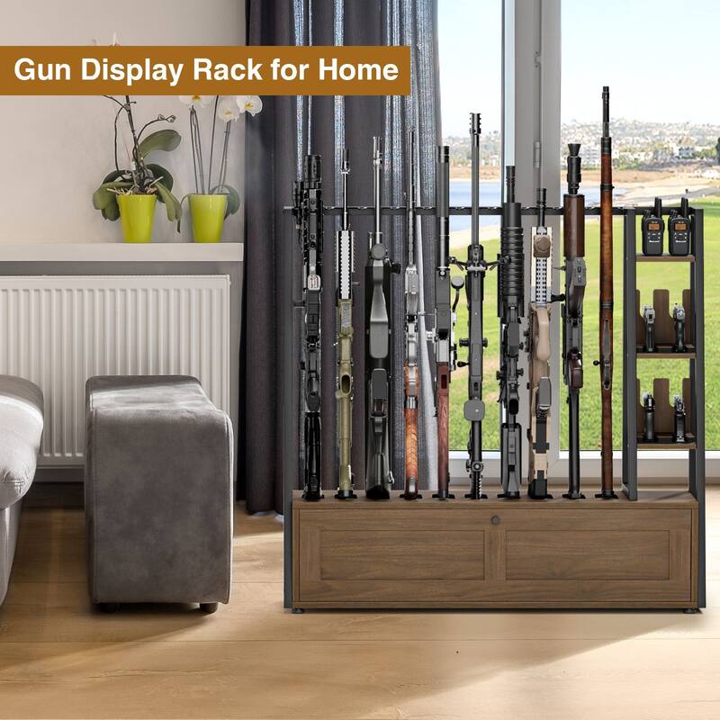 Anmytek Wooden Gun Rack - Floor Standing Display with Pistol Rack, Holds 10 Long Guns & 4 Handguns