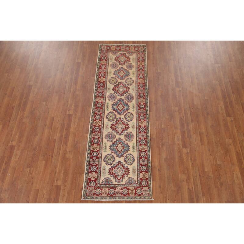 Hand Knotted Oriental 100% Wool Carpet Traditional Geometric Beige & Ivories Kazak Runner Rug - 8' 5'' X 2' 9''