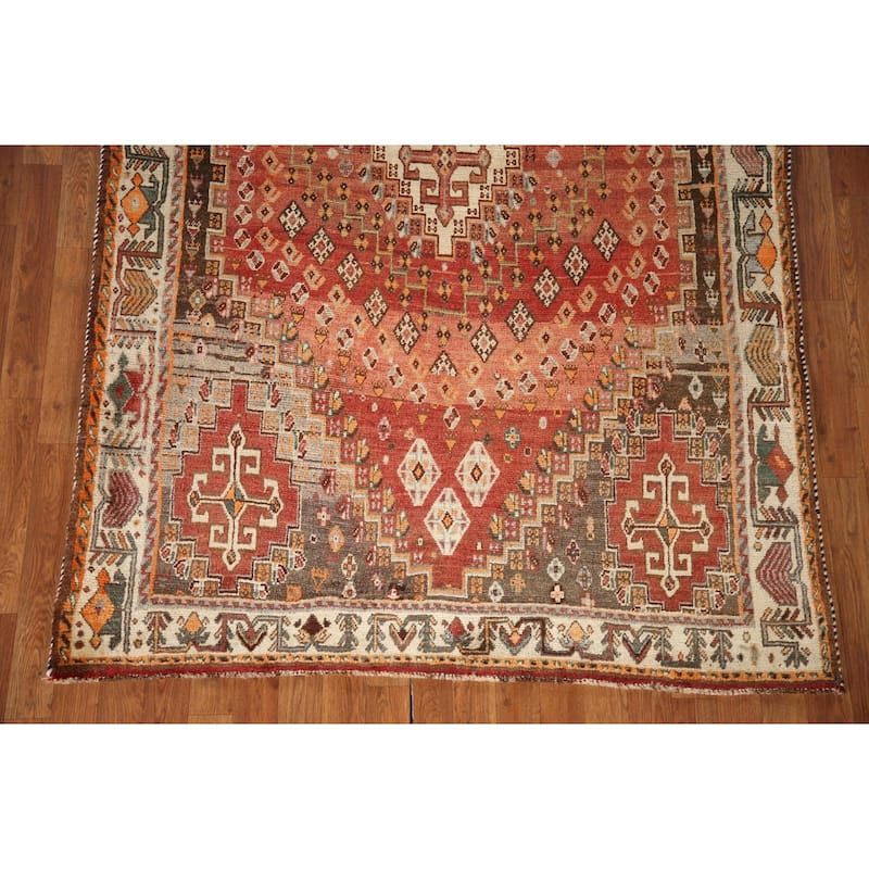 Geometric Shiraz Persian Vintage Area Rug Handmade Orange Wool Carpet - 5'0"x 8'9"