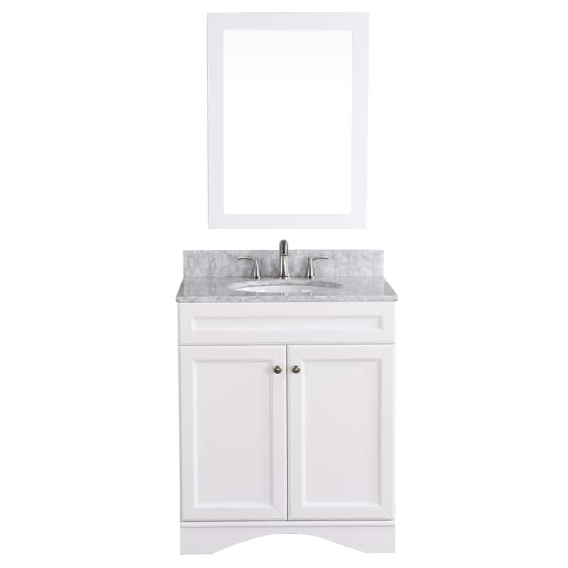BATHLET 30 inch Bathroom Vanity Set with Carrara Marble Top Mirror - Round Sink - White Base