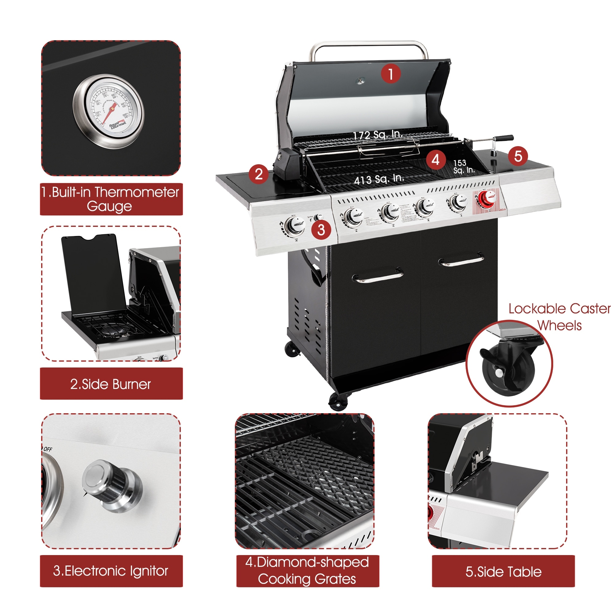 5-Burner Gas Grill with Side Burner | Royal Gourmet