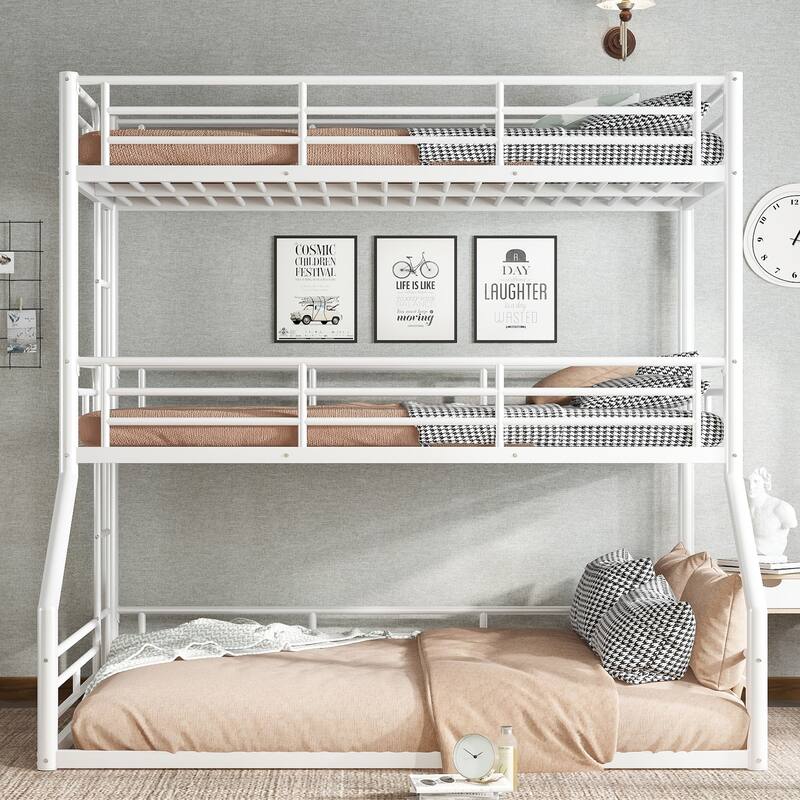 Twin over Twin over Full Triple Bunk Bed - Metal Frame with Safety Guardrails & Noise-Reduced Design