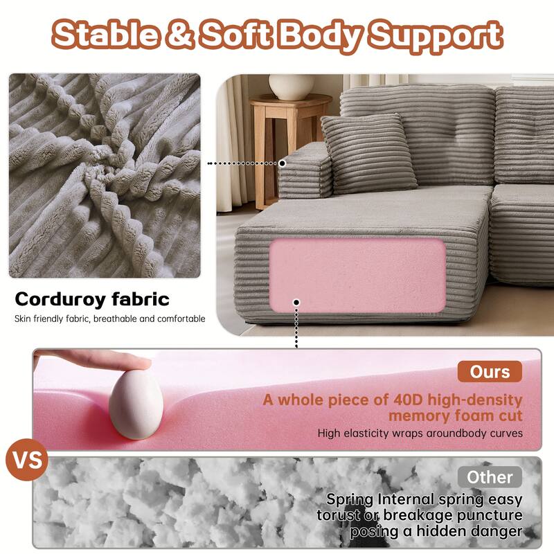 Rossetta Modern Minimalist Style L-Shape Compressed Corduroy Sectional Sofa with Left-Facing Chaise