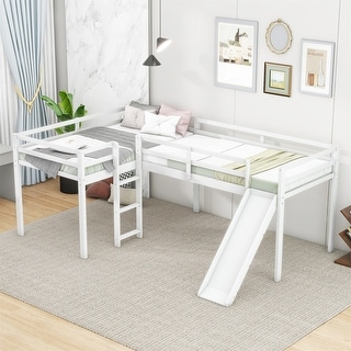 Merax L-Shaped Twin Size Wood Loft Bed with Ladder and Slide