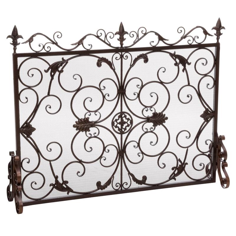 Fireplace Screen, Scrollwork Design, Iron, 45x35 Black, Gold Finish