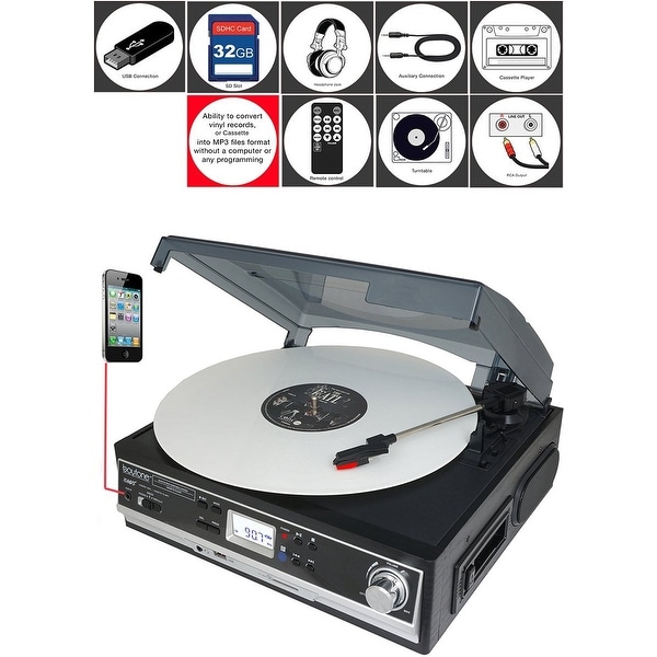 Boytone BT-16DJB-C 3-speed Stereo Turntable with 2 Built in Speakers Digital LCD Display + Supports USB/SD/AUX+ Cassette/MP3