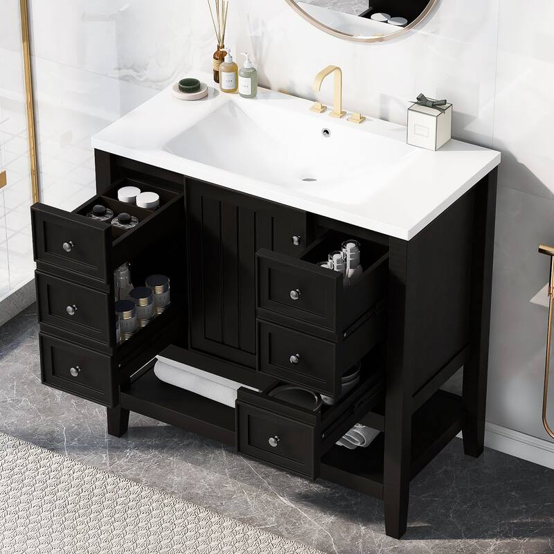 36-Inch Bathroom Vanity with Ceramic Sink - Solid Wood Frame, 3 Drawers, 1 Cabinet & Shelf - Modern Freestanding Design - Black