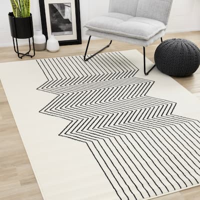 Forte White Black Modern Zig-Zag Area Rug, 5'3" x 7'5"