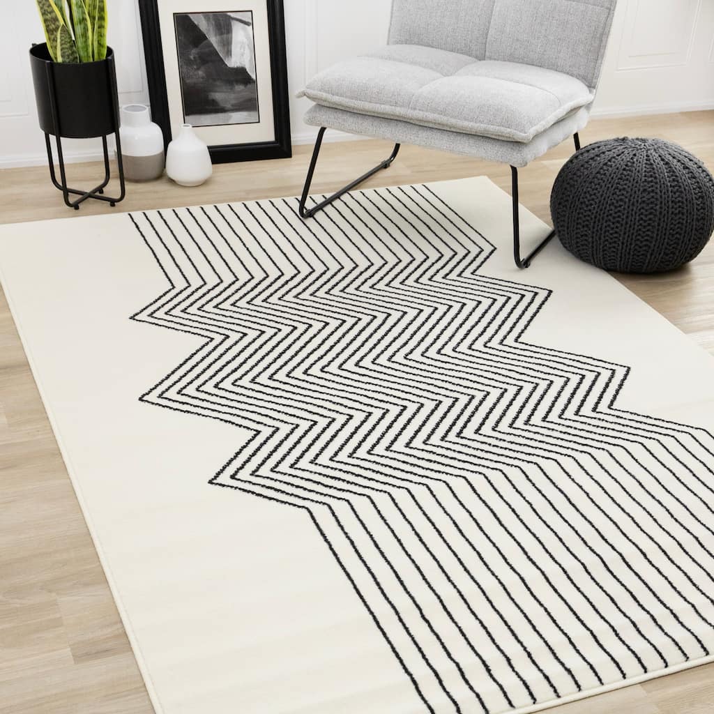 Forte White Black Modern Zig-Zag Area Rug, 5'3" x 7'5"