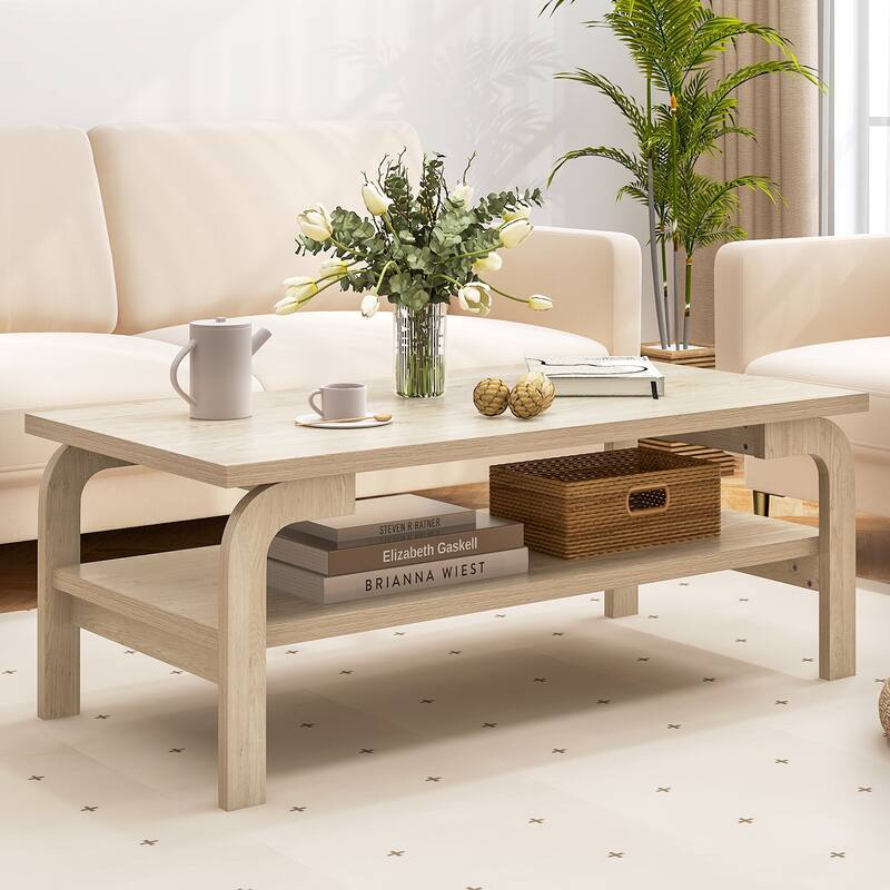 47" Rectangular MDF Wood Coffee Table with Storage Shelf and Curved Legs for Living Room Decor - 47"L x 24"W x 18"H
