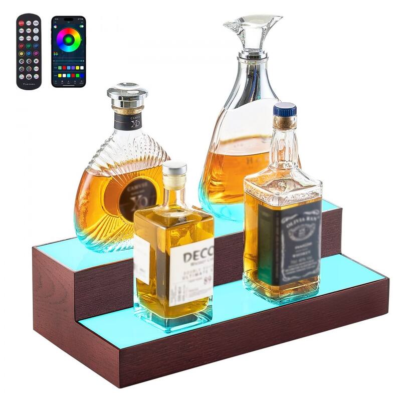 Multi-Color Acrylic and Pine Wood 2-Tier Wine Display Shelf with LED Lighting and Remote Control