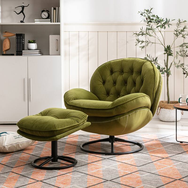 Velvet Swivel Accent Chair with Ottoman & Metal Legs (360° Rotation)
