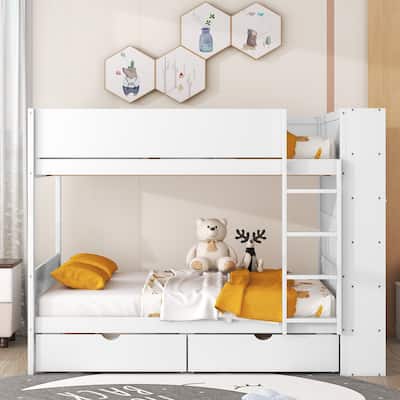 Full over Full Bunk Bed with 2 Drawers and Multi-layer Cabinet, White