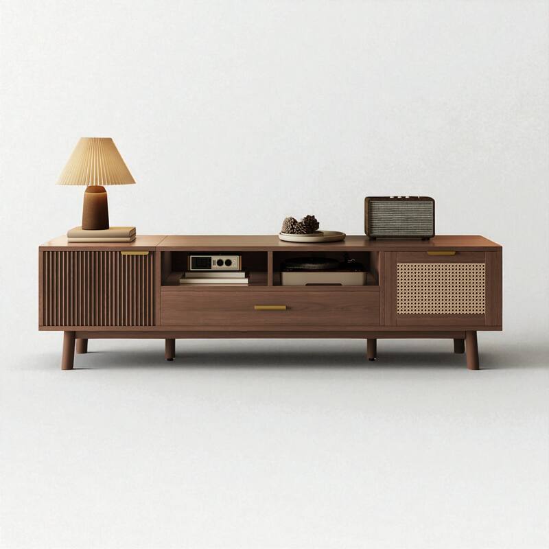 66.9" Modern Wood TV Stand for 75 Inch TVs, Media Console with Soft-Close Doors, Rattan Drawer & Drop-Down Cabinet