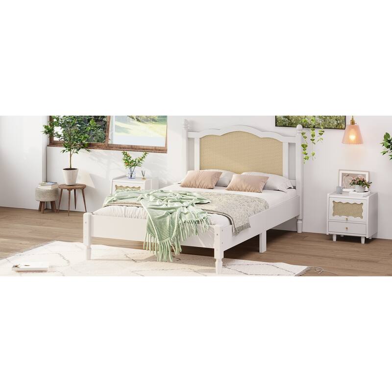 Wooden Platform Bed with Rattan Headboard Curved Wingback Bed Vintage Bed Frame Wood Slat Support Bed with Underbed Storage