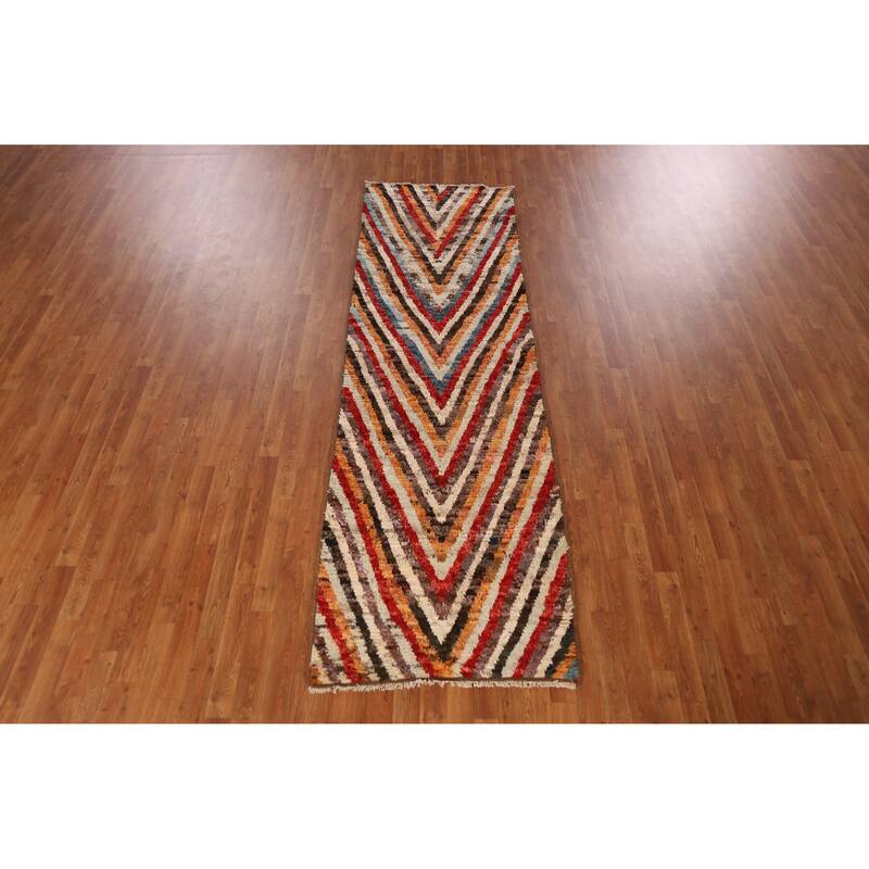 Chevron Style Moroccan Oriental Runner Rug Handmade Wool Carpet - 2'11" x 9'6"