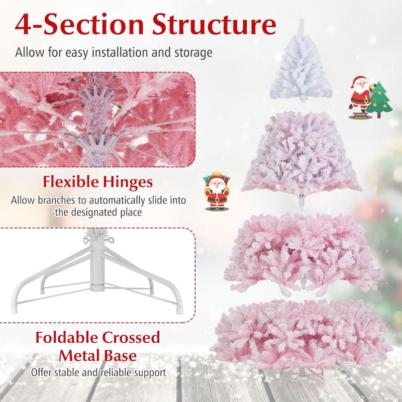 Gymax Artificial Christmas Tree Hinged Snow Flocked Xmas Tree w/ Lush - Pink, White