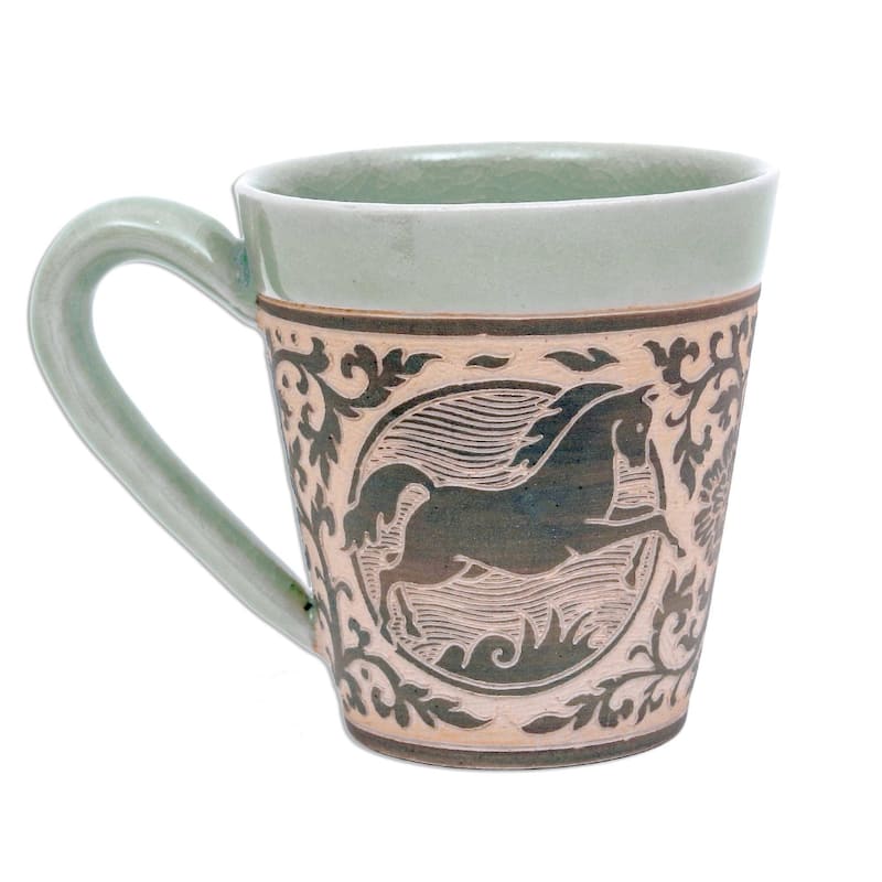 Handmade Thai Zodiac Horse Celadon ceramic mug (Thailand)