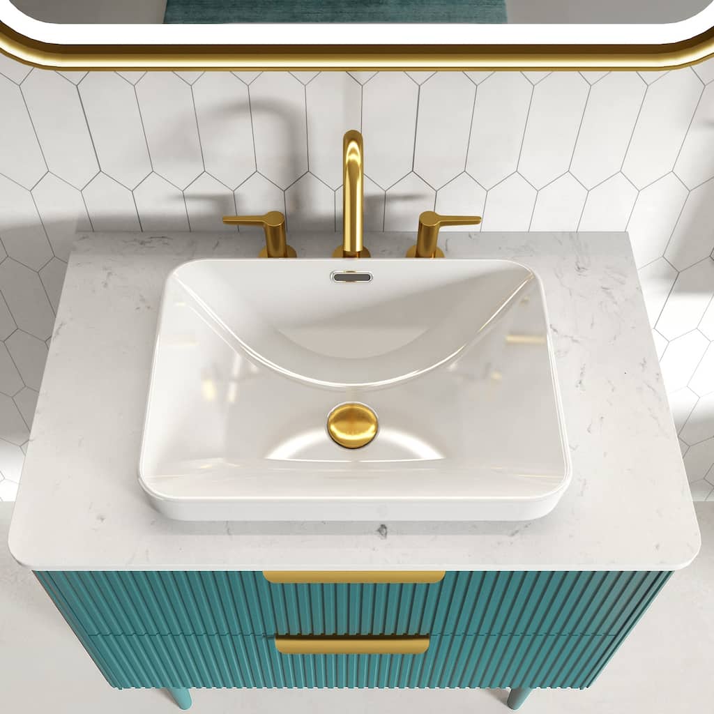 GDFStudio - Modern Sleek Rounded Edges Integrated Ceramic Basin with Glossy Finish, Stain-Resistant Surface, Drain Not Included