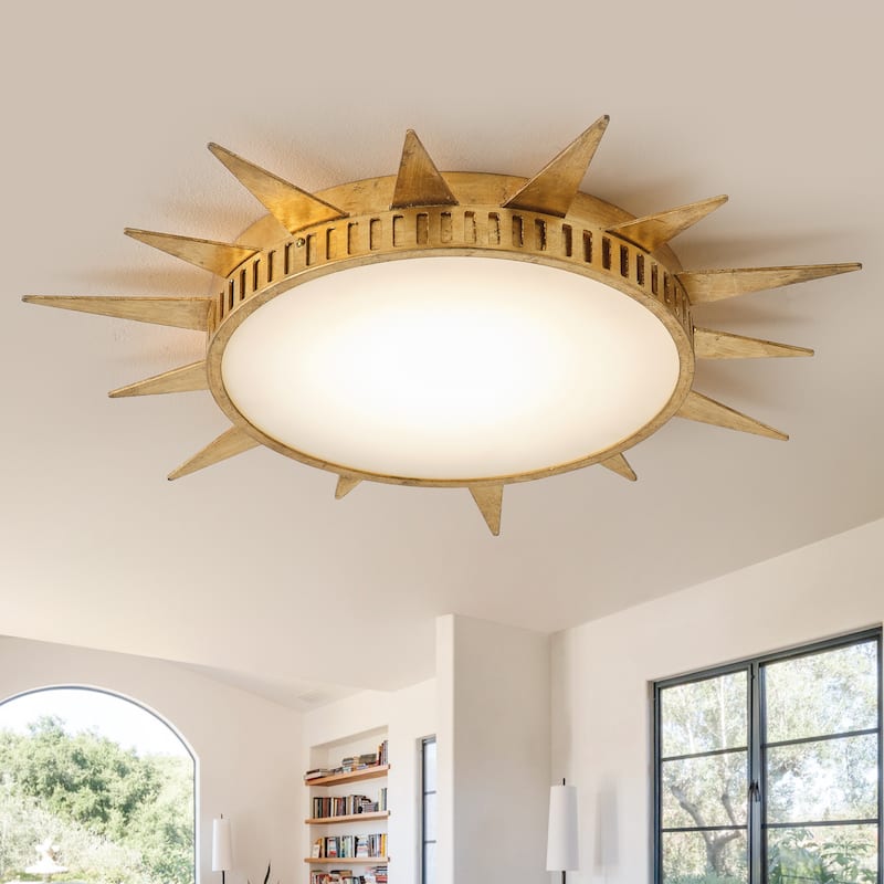 25-Inch Hand Painted Gold Sunburst Flush Mount Lighting Ceiling Fixture
