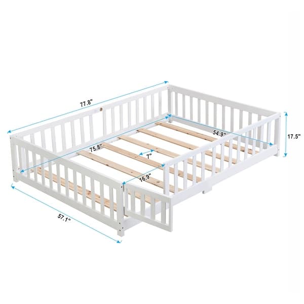 Simple Lodge Design Full Size Platform Bed,Solid Pine Wood Bed Frame with Fence,Safety Guardrails with Door