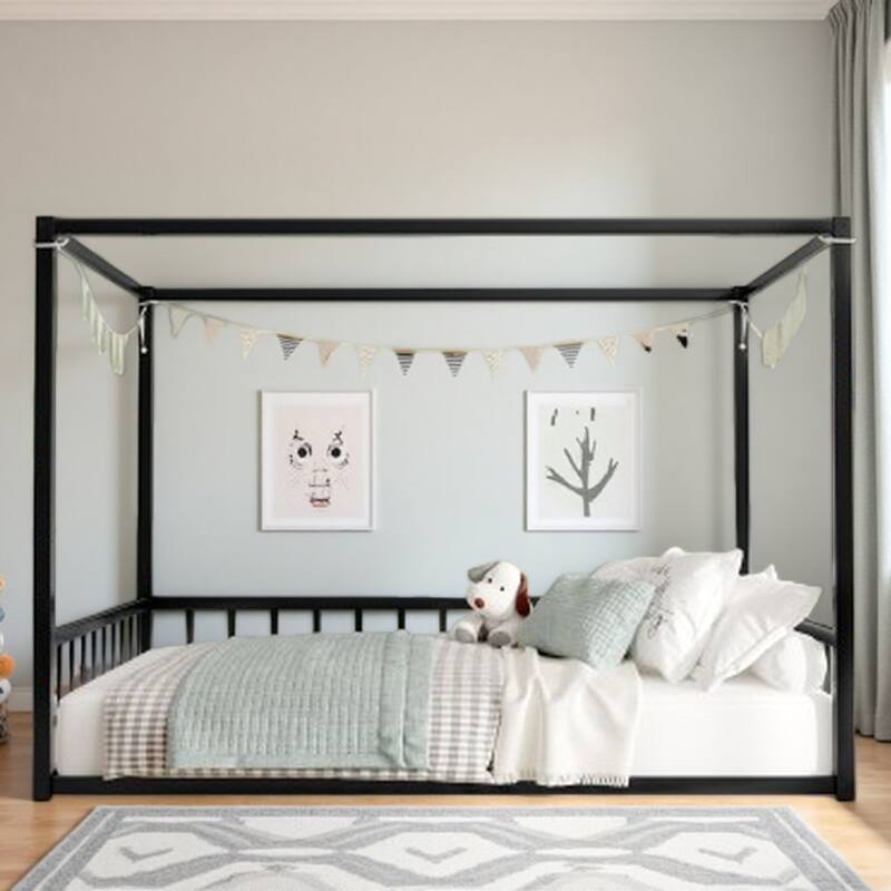 Queen Size Modern Floor Bed Frame with Canopy Structure and Full Guardrails, Low-Profile Metal Platform Bed - Full Black - Full