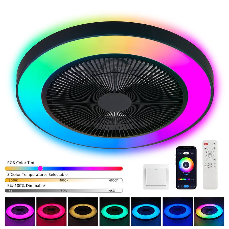 RGB Ceiling Fan Lights, Modern Flush Mount Ceiling Fan, 6-Speed Reversible DC Motor Ceiling Fan - Black