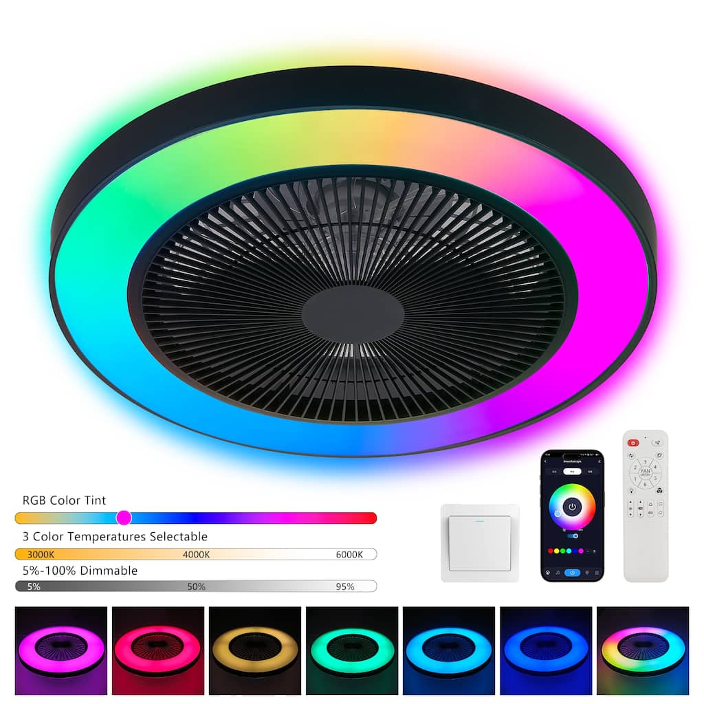 RGB Ceiling Fan Lights, Modern Flush Mount Ceiling Fan, 6-Speed Reversible DC Motor Ceiling Fan