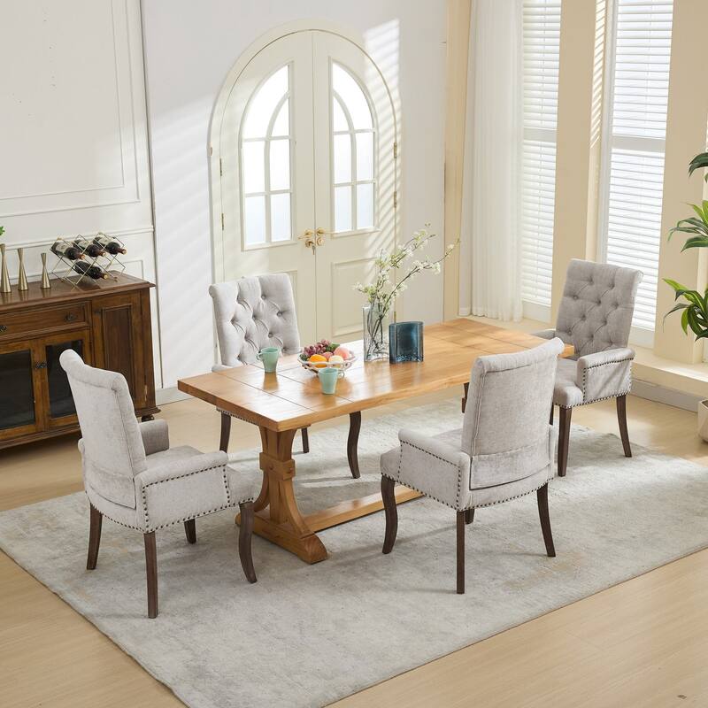 Modern Upholstered Chenille Fabric Dining Chair with Curved Solid Wood Legs and Diamond Tufted Button Back, for Dining Room