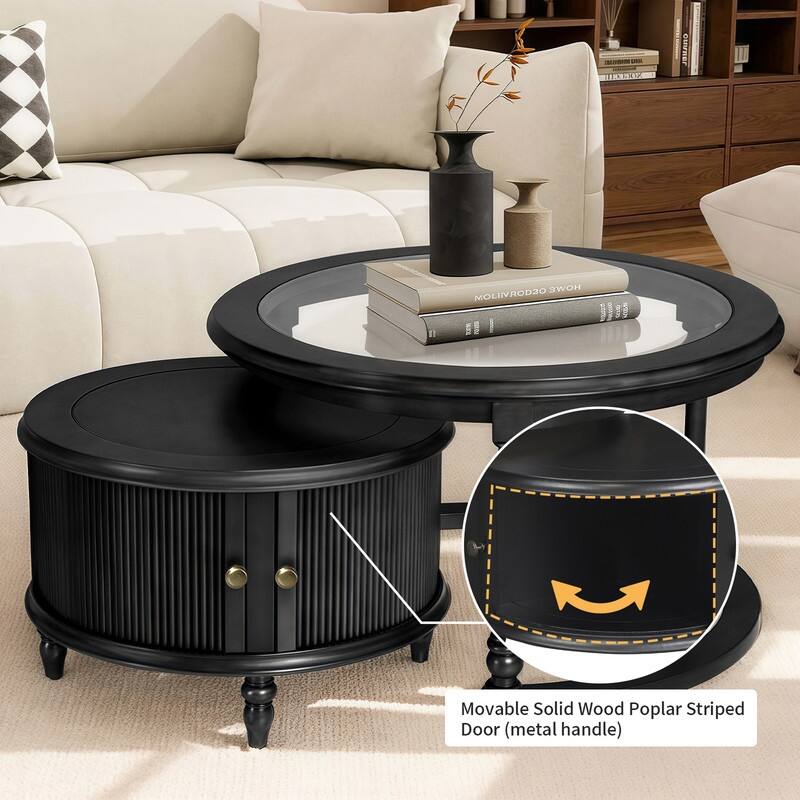 Nesting Table for Living Room, 31.5'' Coffee Table Fluted Set of 2, Tempered Glass Solid Wood Tabletop