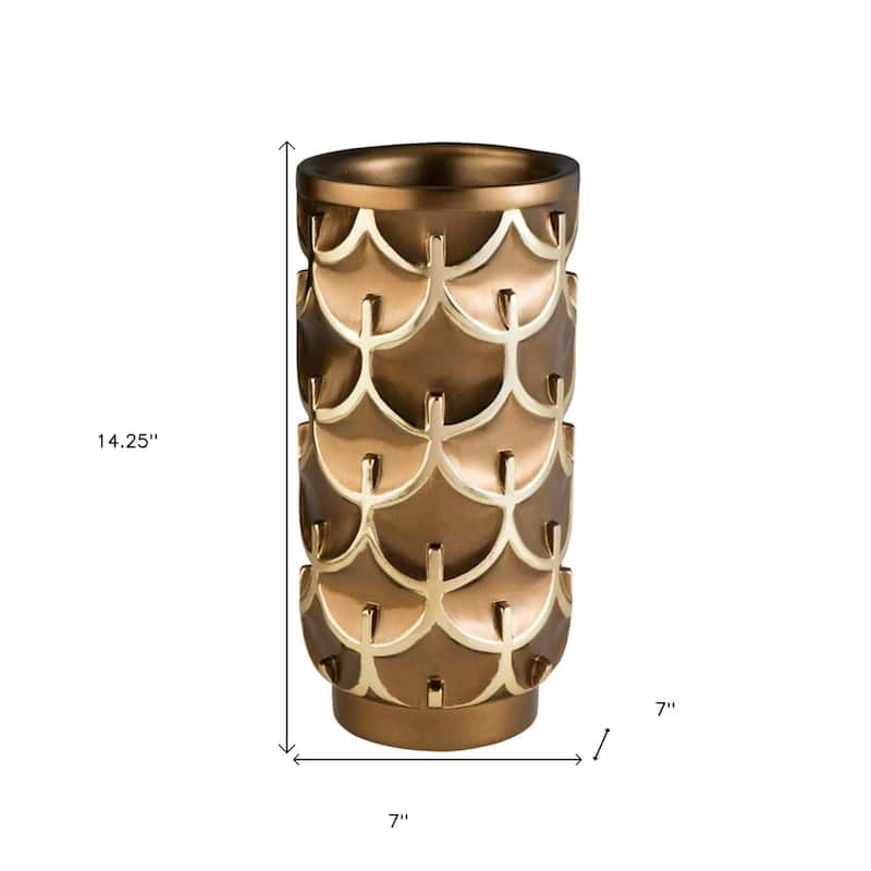 Gold Polyresin Cylinder Table Vase with Geometric Tear Drop Pattern Watertight