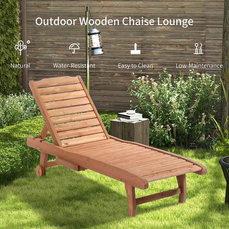 Outdoor Chaise Lounge Pool Chair,Built-In Table,Reclining Backrest for Sun tanning/Sunbathing, Rolling Wheels, Red Wood Look