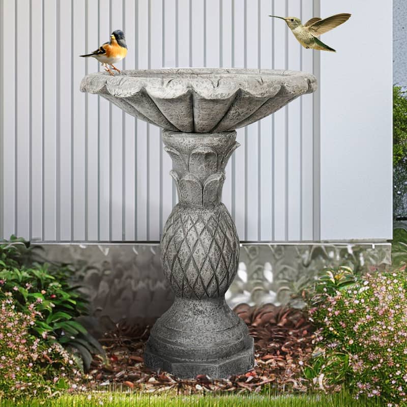 24.8in Concrete Outdoor Bird Bath w/Pineapple Pedestal and Flower Bowl