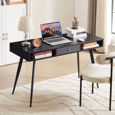 Wooden Desk with USB Ports and Power Outlet, Modern Writing Study Desk with Shelf, Multifunctional Home Office Computer Desk