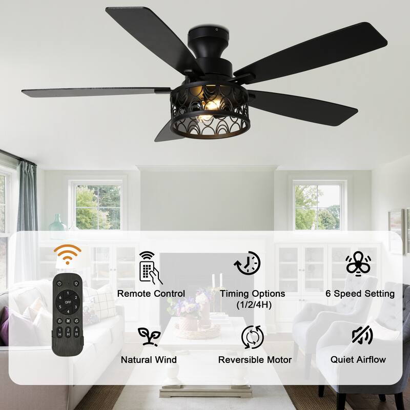 Bella Depot 52" Black Modern Flush Mount Ceiling Fan with Light and Remote