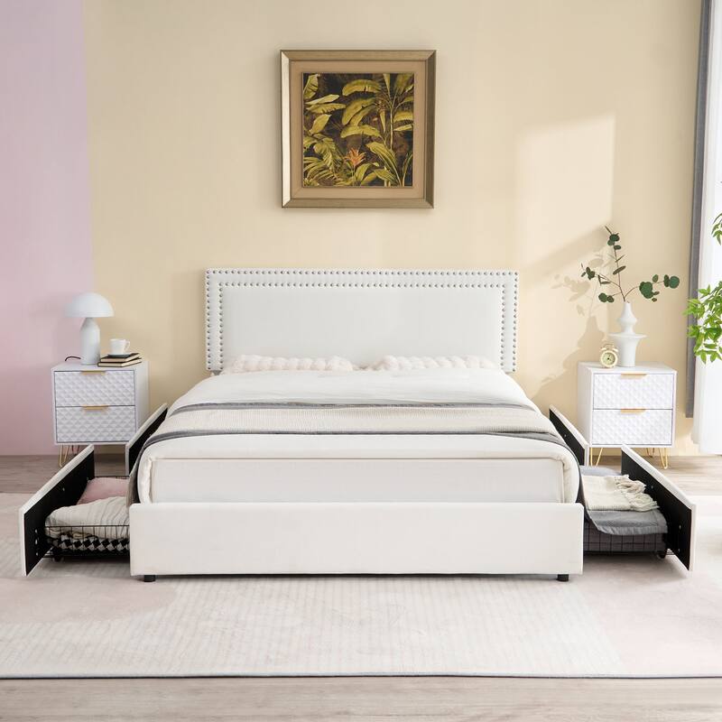 Modern Upholstered Bed Frame with 4 Storage Drawers, Platform Fabric Bed with Button Tufted Headboard