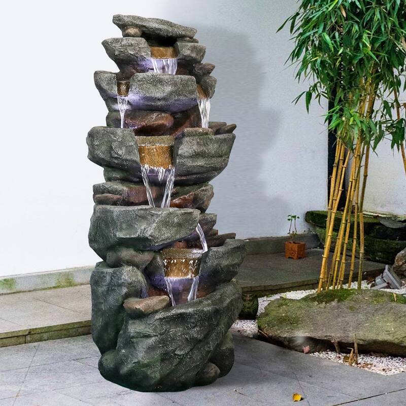 Outdoor Relaxing Water Fountain -6-Tier Outdoor Fountain w/LED Light