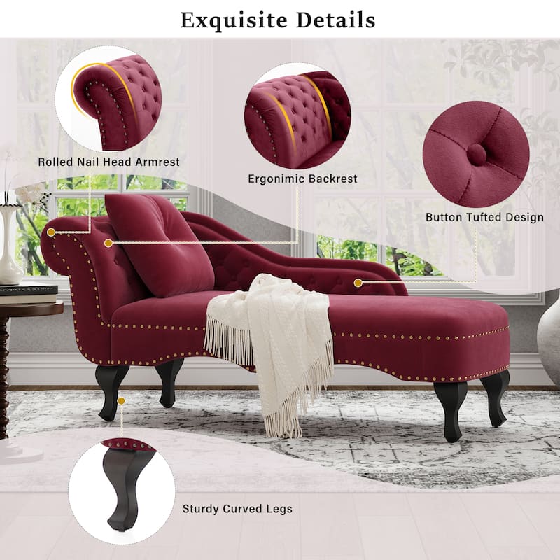 Christopher Knight Home - Bressi Modern Velvet Upholstered Chaise Lounge with Tufted Backrest, Nailhead Trim & Pillow