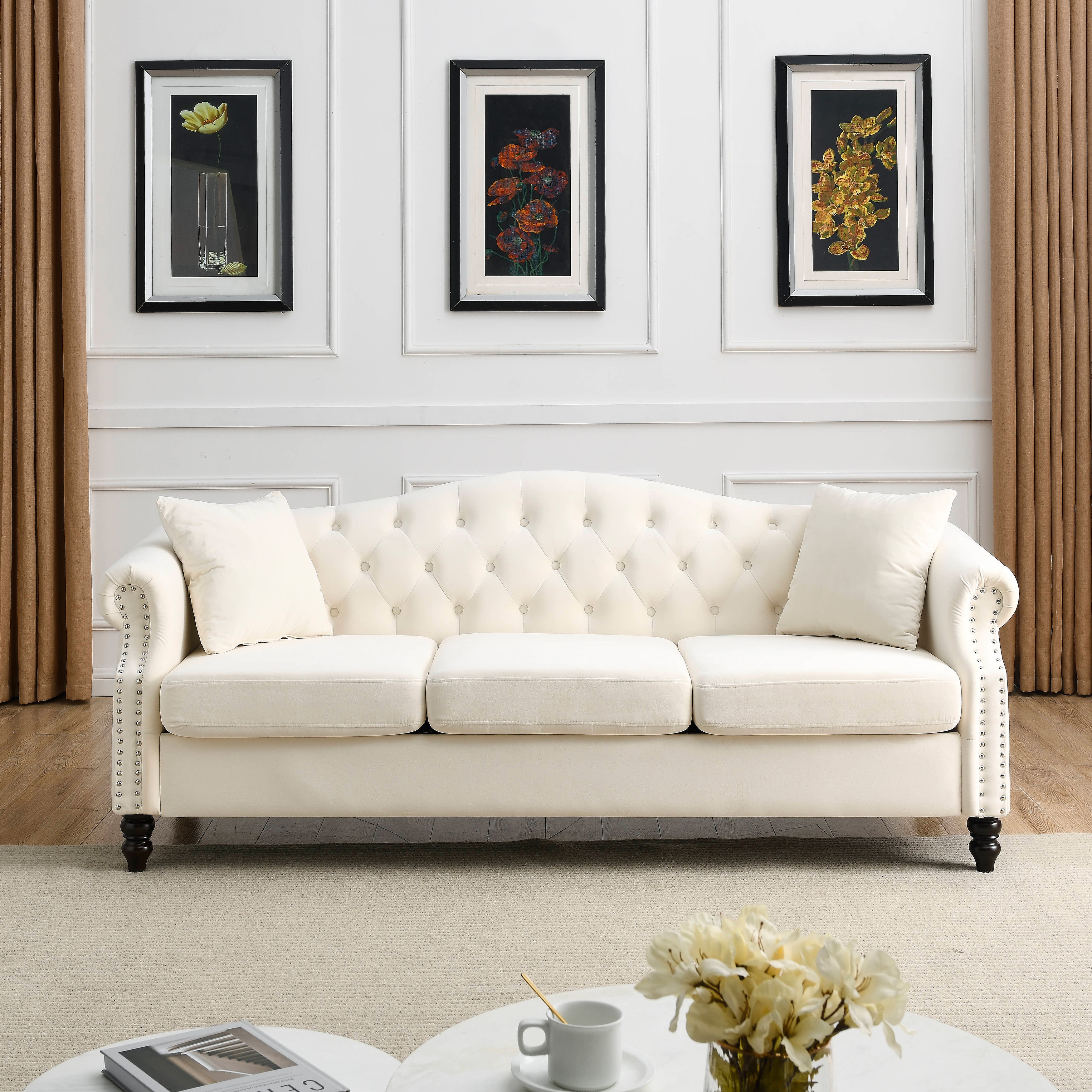 79 Classic Chesterfield Velvet 3 Seater Sofa with Nailhead Trim and 2 Pillows Bed Bath Beyond 37988352