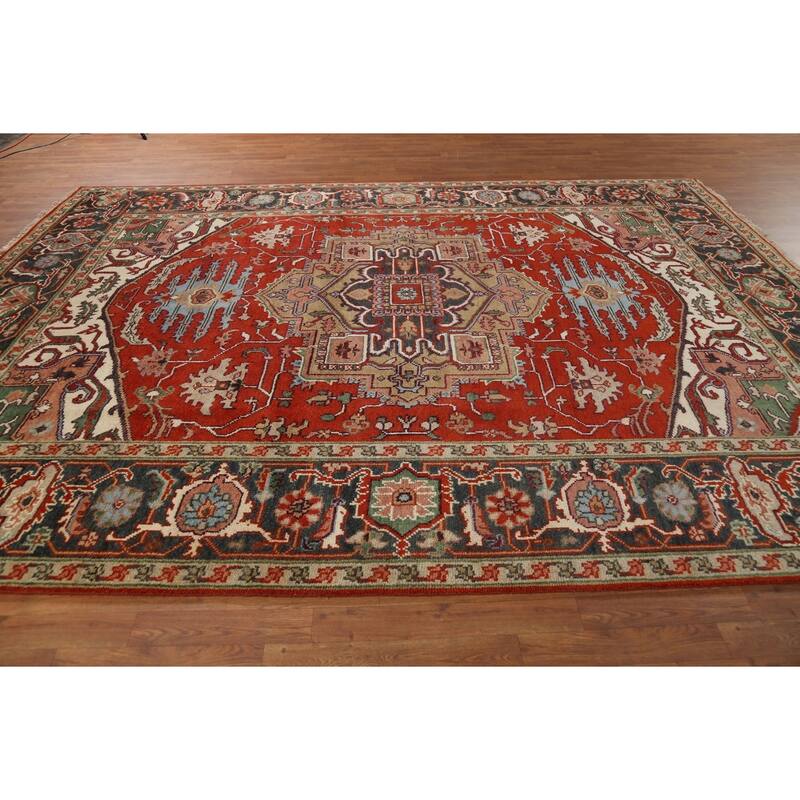 Geometric Heriz Serapi Indian Area Rug Hand-Knotted Wool Carpet - 8'9"x 11'11"