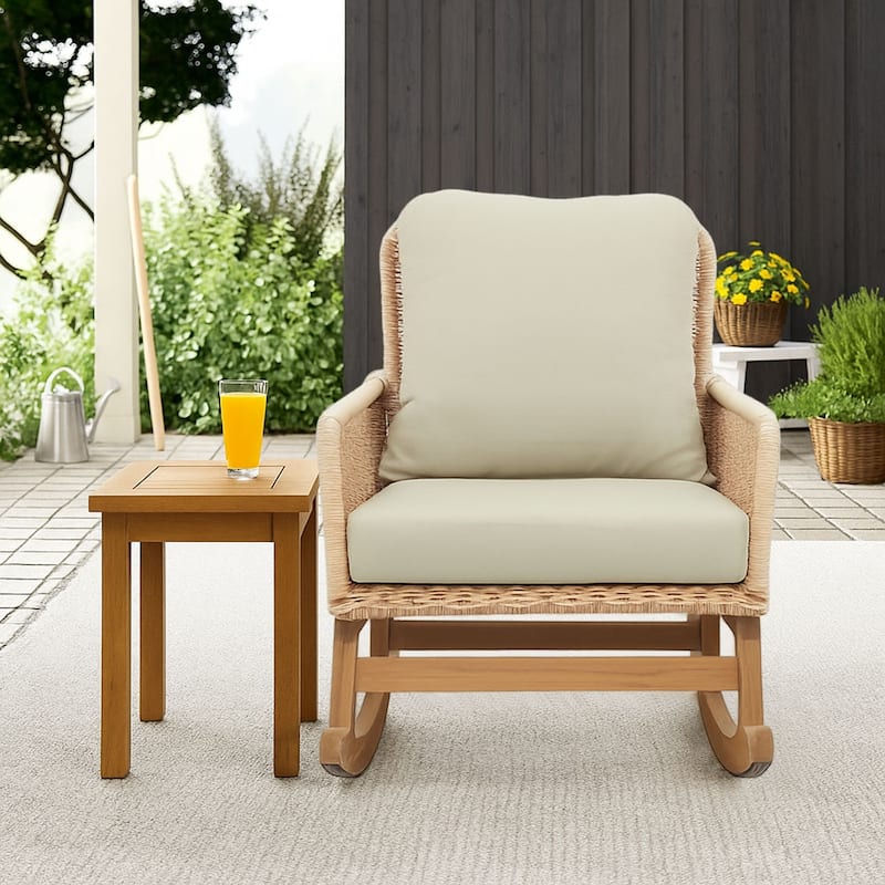 Classic Stylish PE Rattan Wicker Rocking Chair with Cushions and Solid Wood Legs, For Indoor and Outdoor Use - Beige - 1 Pc