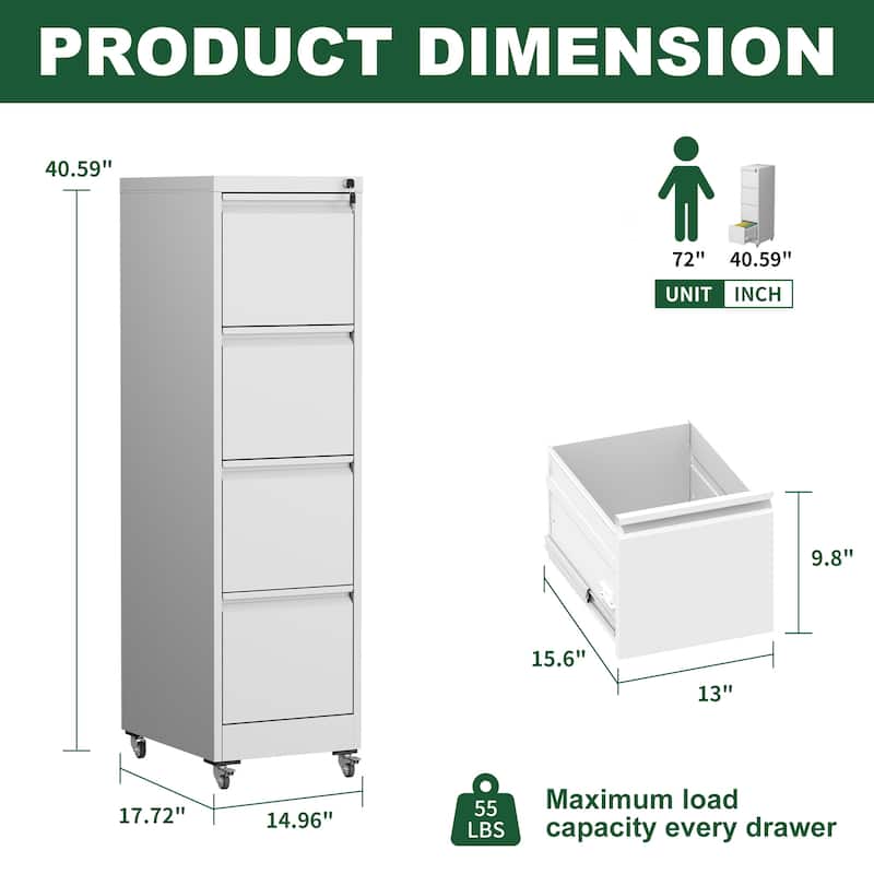 4 Drawer Metal Locking Vertical File Cabinet on Wheels - Heavy-Duty Lockable Cabinet for Home & Office